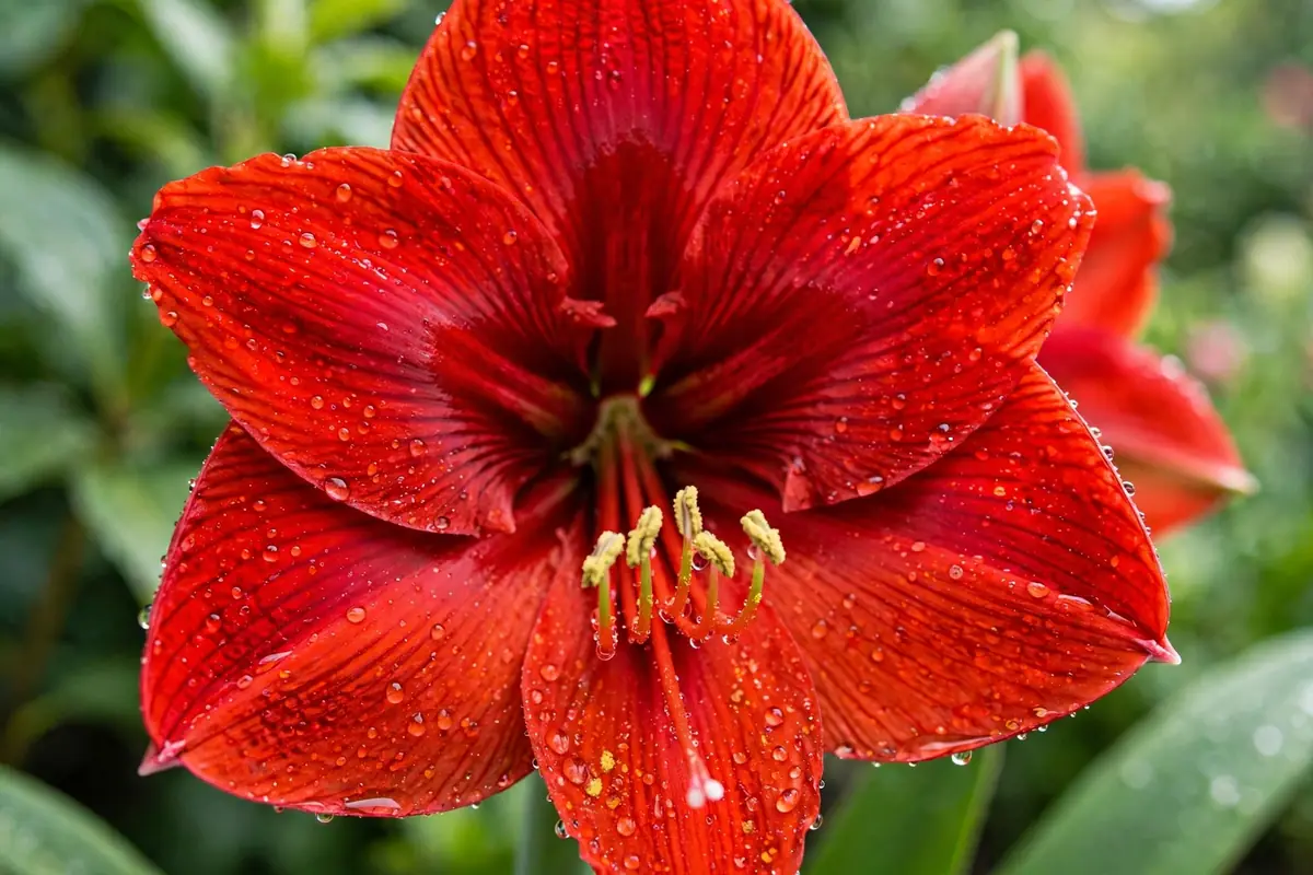 Red amaryllis bloom close-up, one of the most popular flowers that start with A