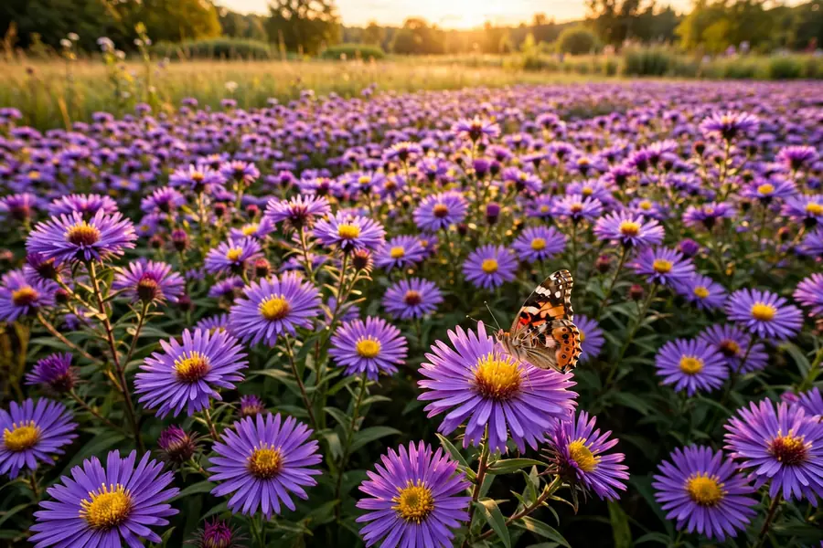 Field of purple aster flowers, a classic fall-blooming flower that starts with A