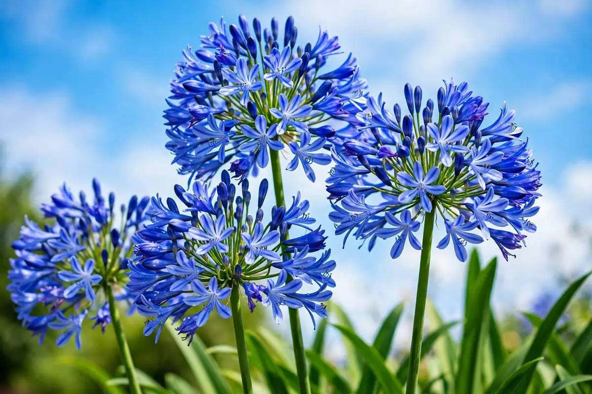 Blue agapanthus flower clusters, striking summer flowers that start with A