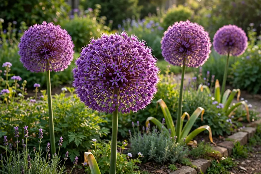 Purple ornamental allium globes, architectural bulb flowers that start with A
