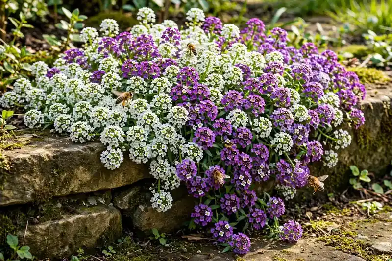 White and purple sweet alyssum carpet, fragrant groundcover flowers that start with A
