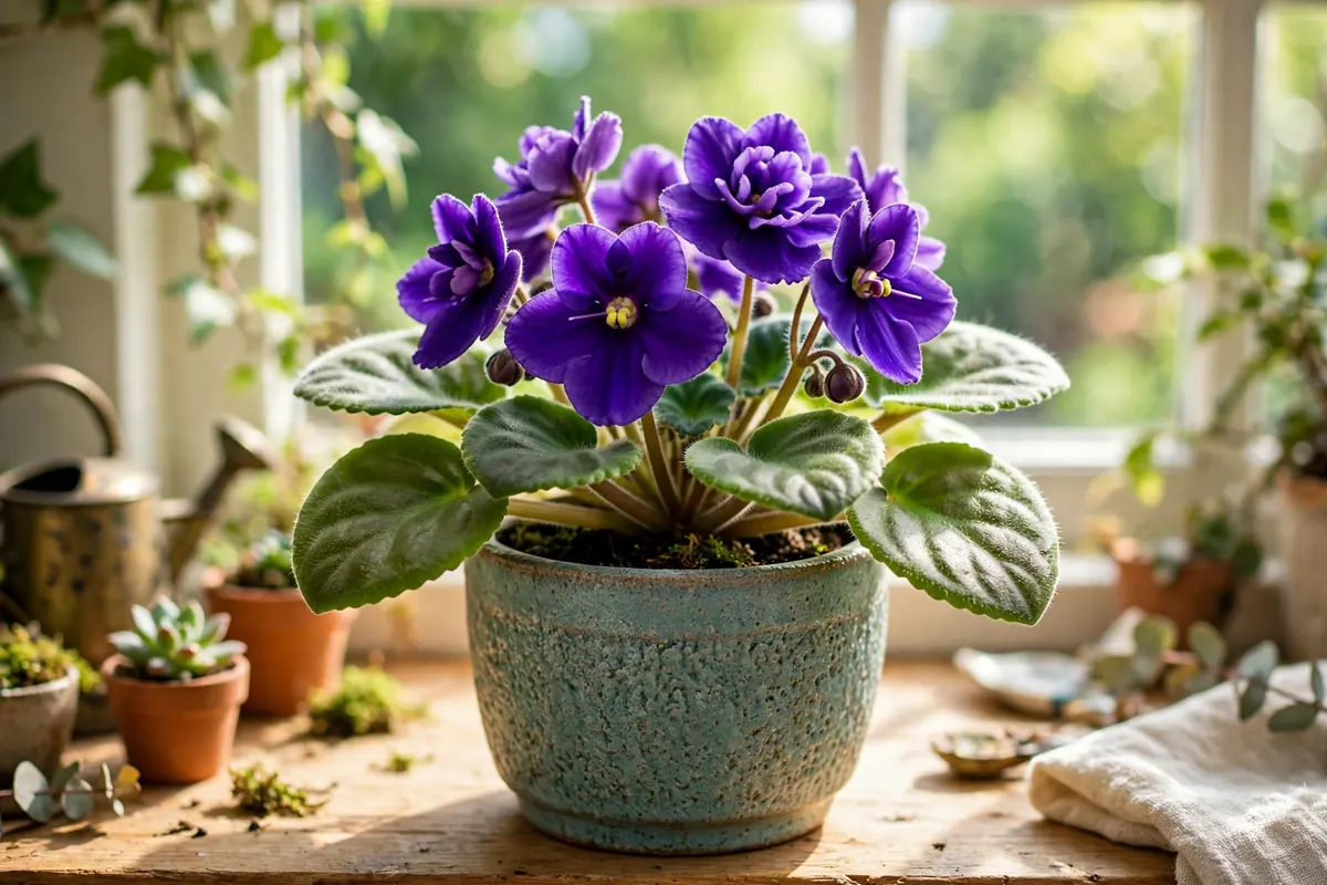 Potted African violet with purple blooms on a bright windowsill