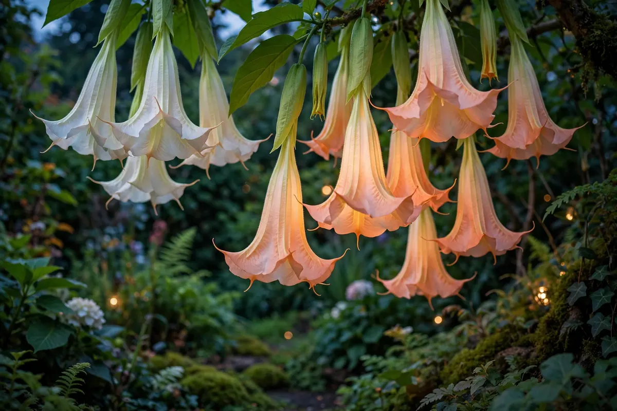 Hanging angel's trumpet blooms glowing at dusk in a garden