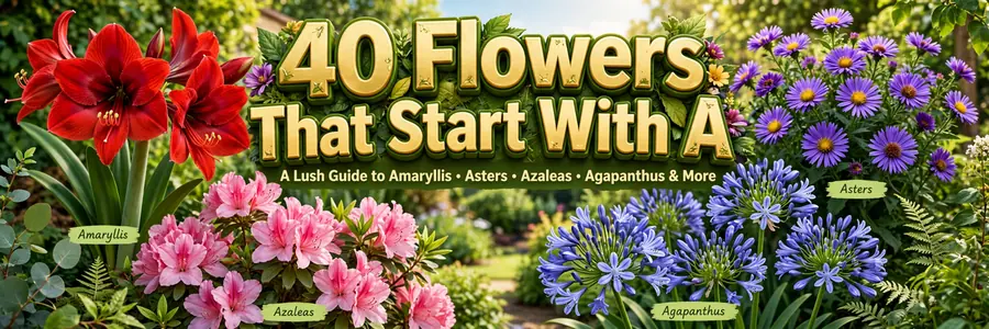 Colorful collage of flowers that start with A: amaryllis, aster, azalea, agapanthus and allium