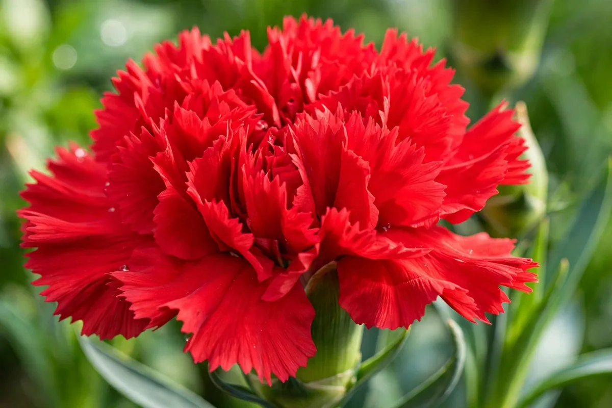 Red carnation bloom close-up, one of the most popular flowers that start with C