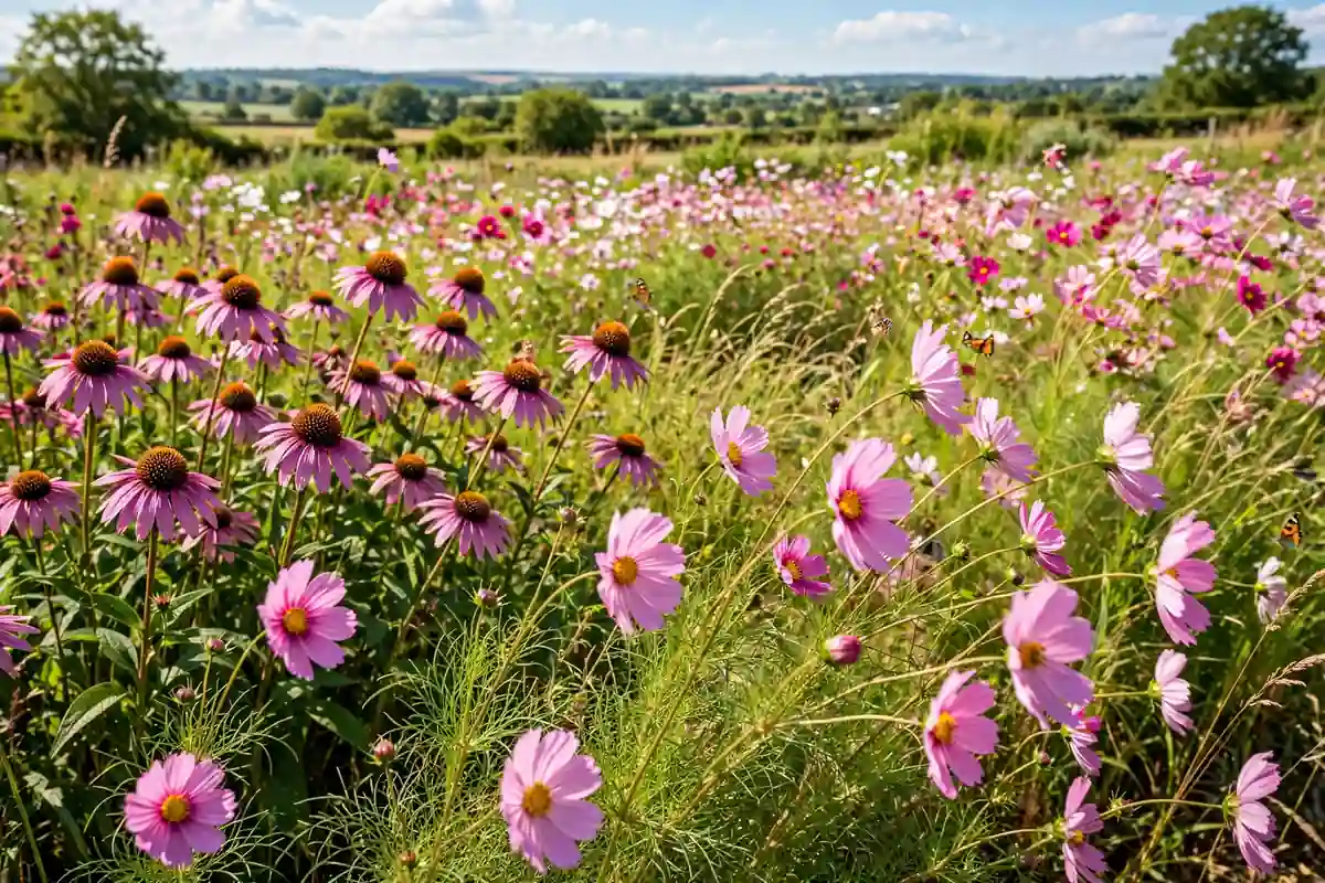 Field of pink cosmos and purple coneflowers, beloved summer flowers that start with C
