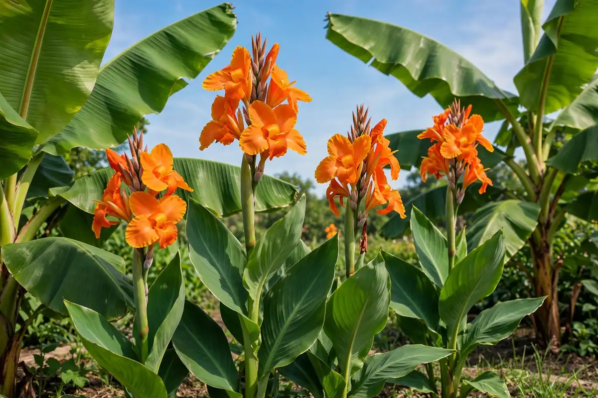 Orange canna lilies with tropical leaves, bold summer flowers that start with C