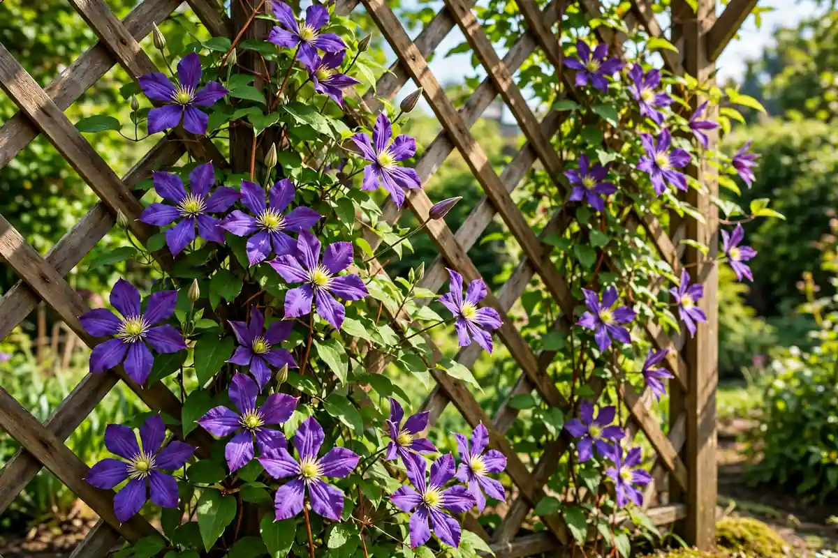 Purple clematis flowers climbing a trellis, a classic vine flower that starts with C