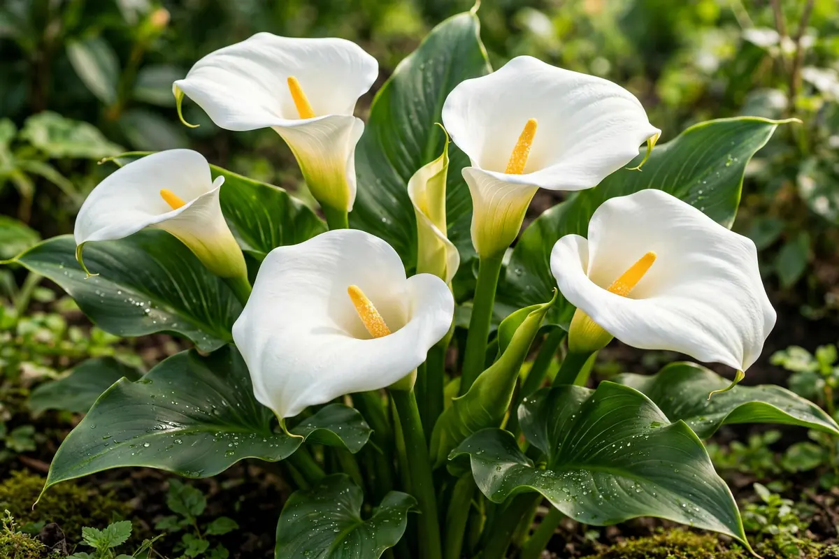 White calla lilies with yellow centers, elegant flowers that start with C