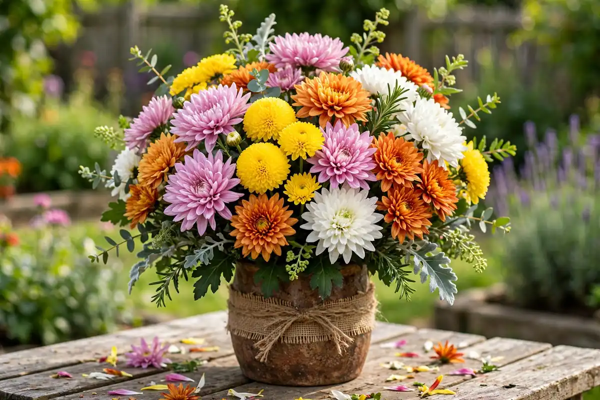 Vibrant bouquet of pink, yellow and white chrysanthemums, fall flowers that start with C