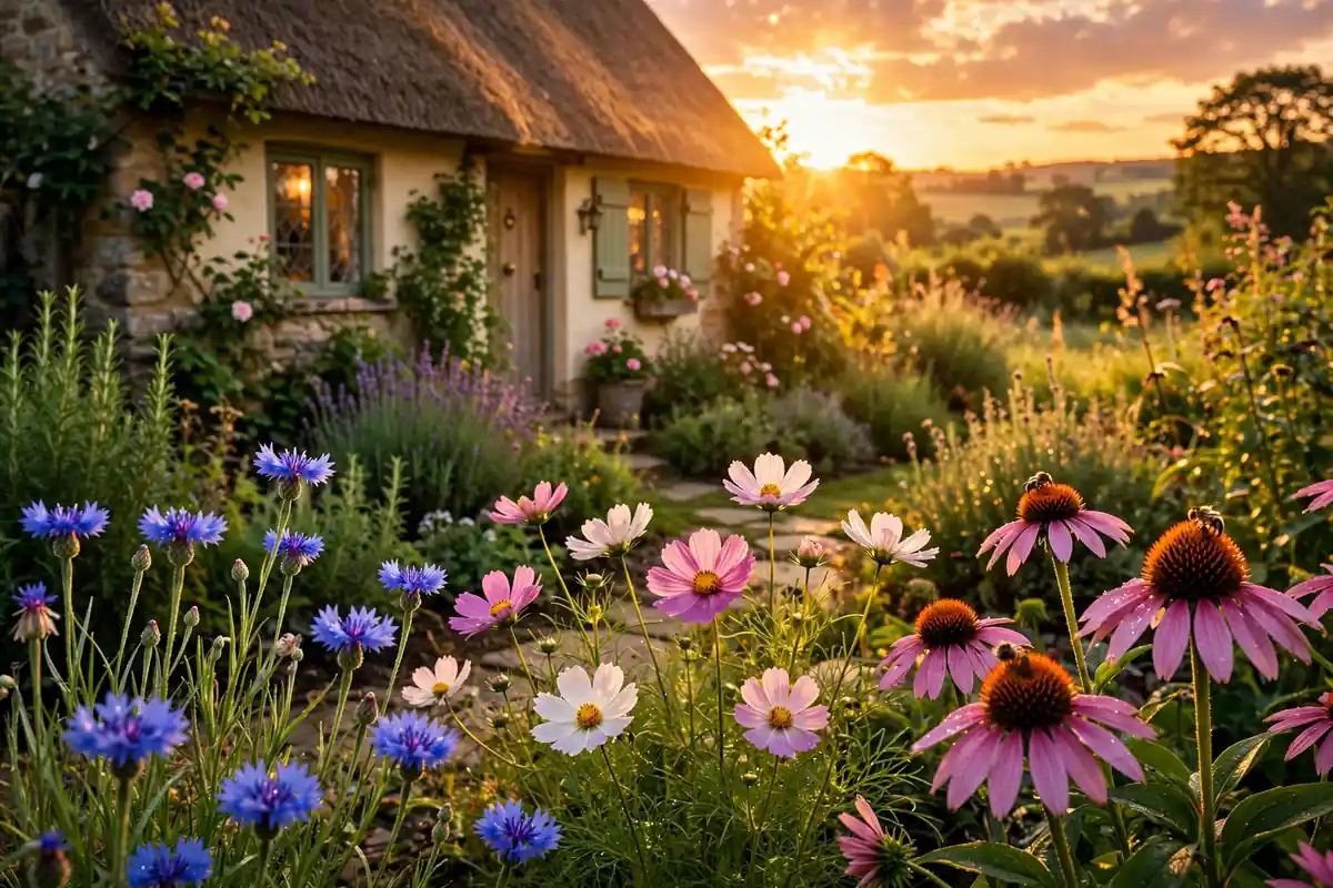 Sunset over a cottage garden with cosmos and cornflowers, flowers that start with C
