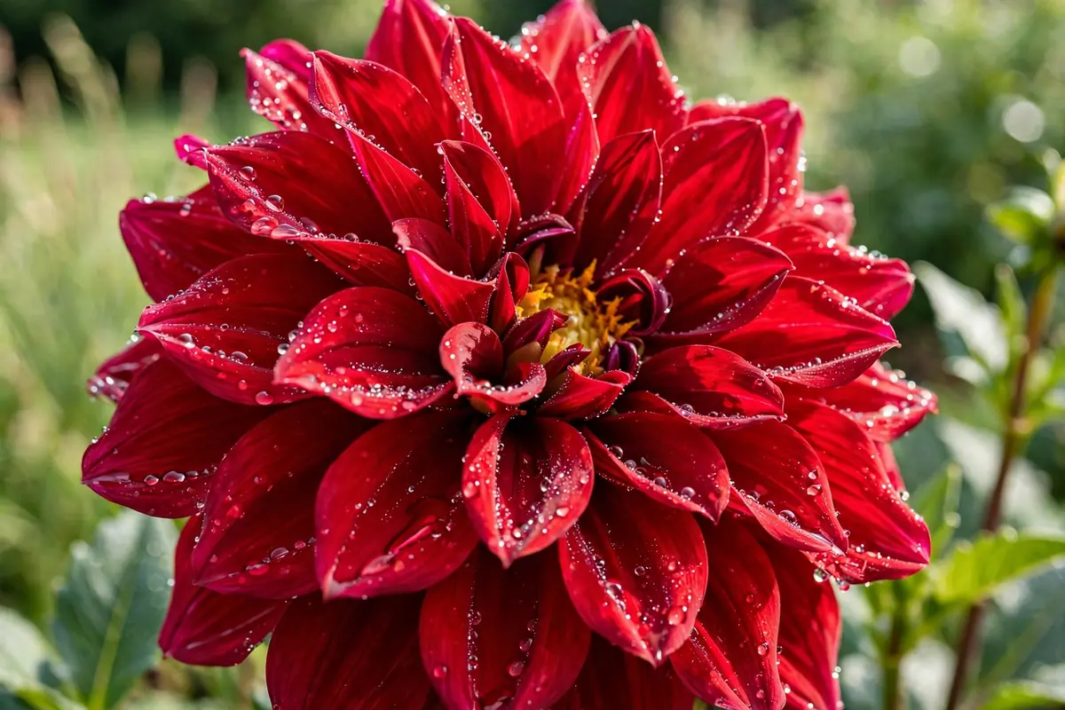 Red dahlia bloom close-up, one of the most popular flowers that start with D