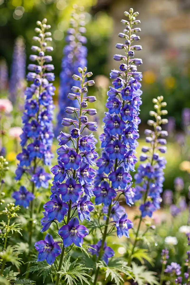 Purple delphinium flower spires, tall cottage-garden flowers that start with D