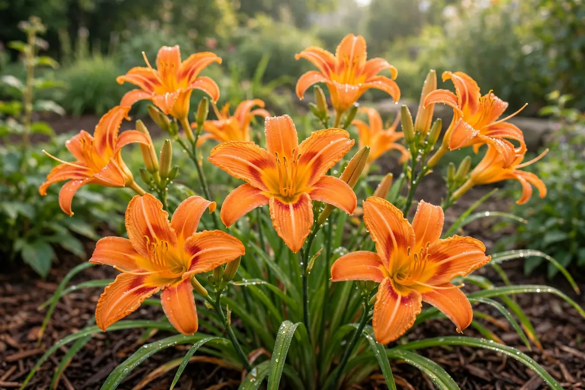 Orange daylilies blooming in a sunny summer garden, hardy perennials that start with D