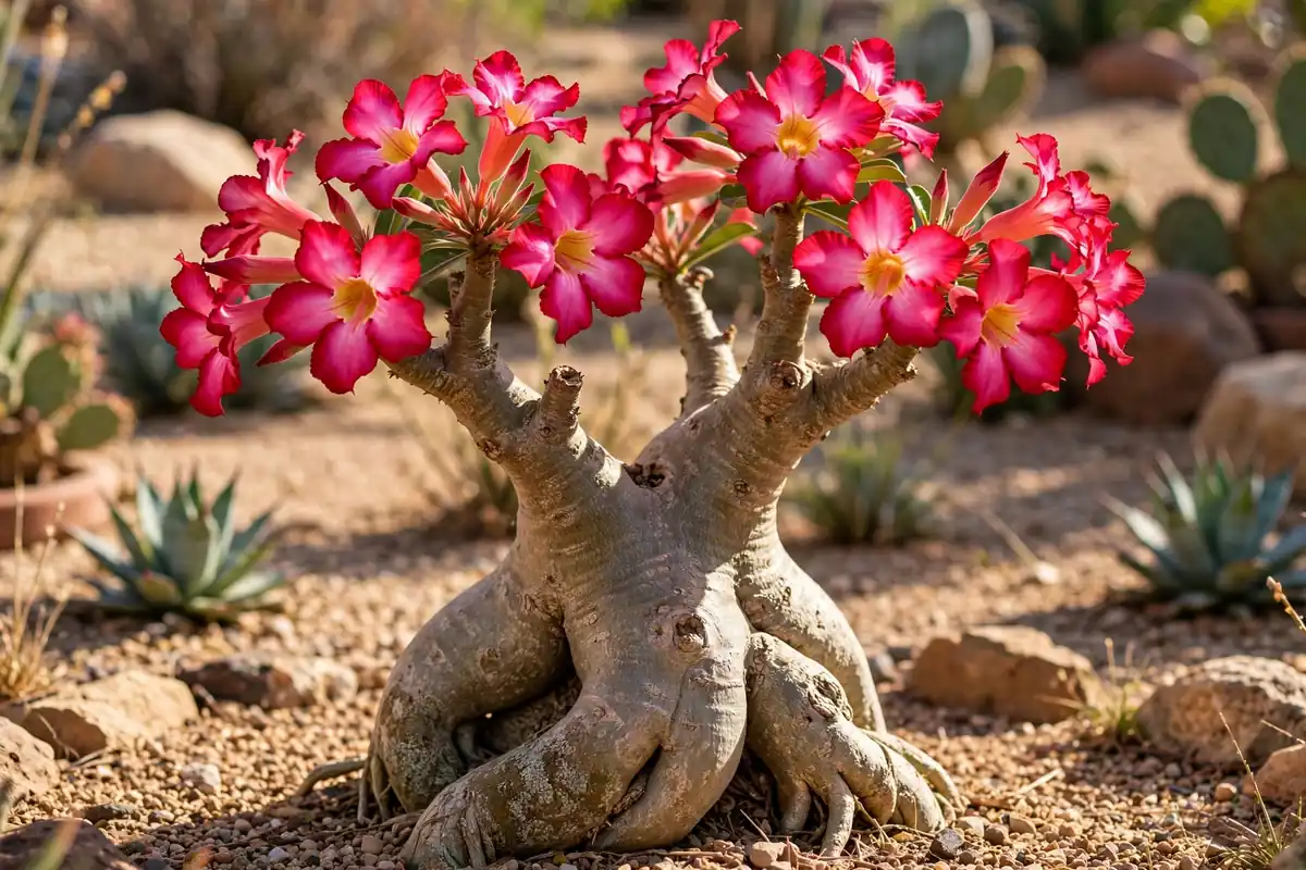 Desert rose succulent with pink trumpet blooms, exotic flowers that start with D