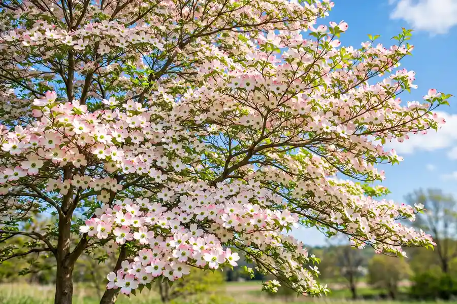 Flowering dogwood tree covered in white spring blossoms, a tree flower that starts with D