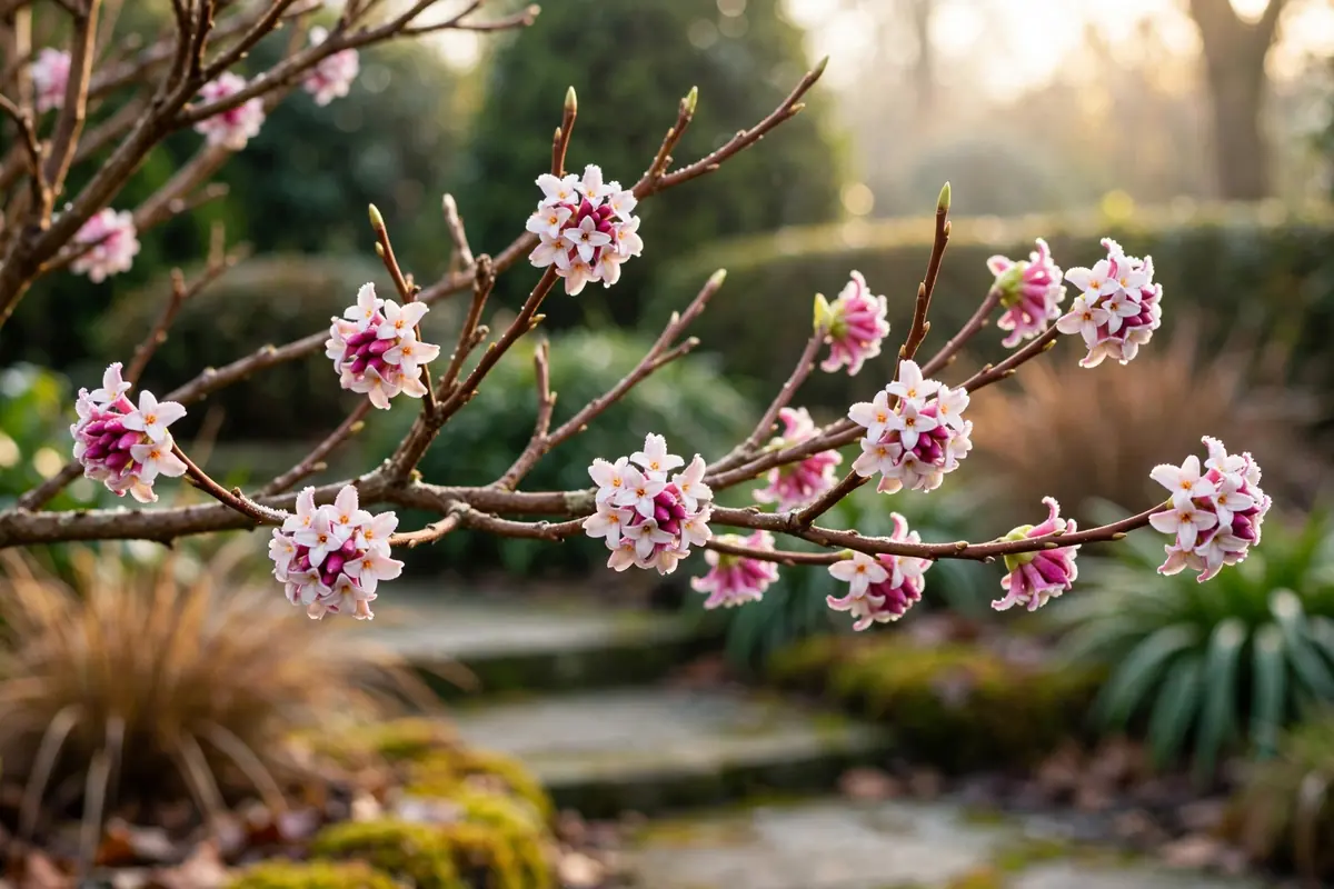 Winter daphne shrub with fragrant pink and white blooms, a fragrant shrub flower that starts with D