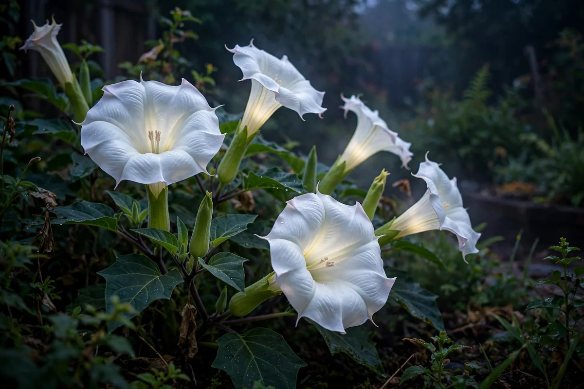 White datura trumpet flowers glowing at dusk, dramatic night-blooming flowers that start with D