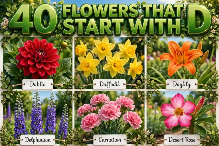 Colorful collage of flowers that start with D: dahlia, daffodil, daylily, delphinium, carnation and desert rose