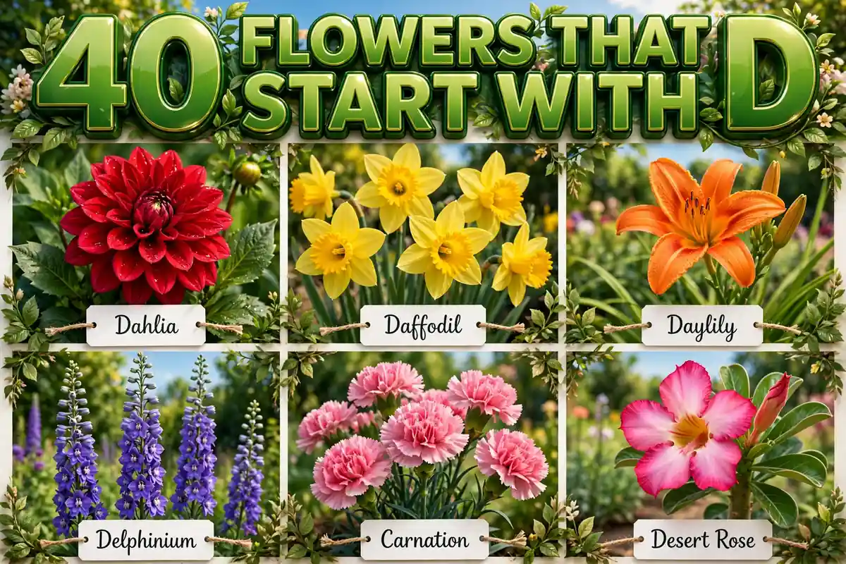 Colorful collage of flowers that start with D: dahlia, daffodil, daylily, delphinium, carnation and desert rose