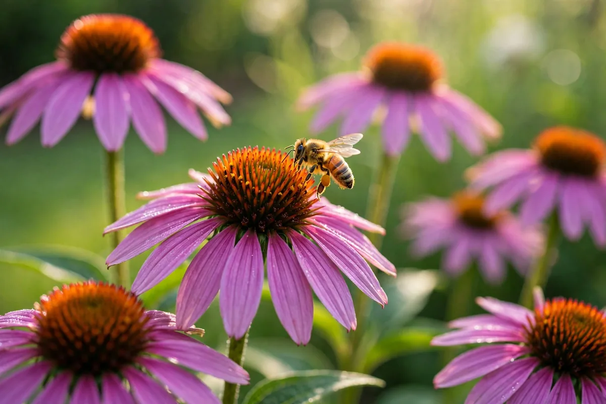 Purple echinacea coneflowers in bloom, one of the most popular flowers that start with E