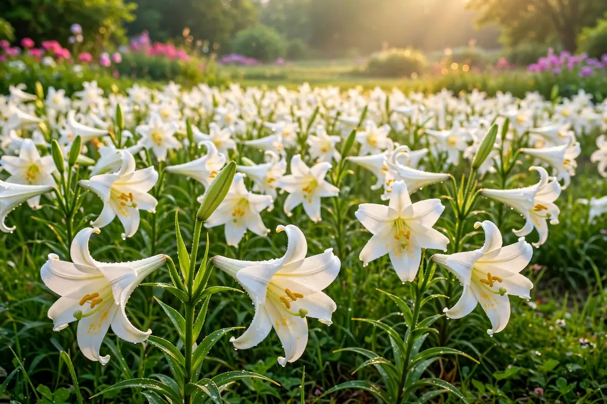 White Easter lilies in full bloom, classic spring flowers that start with E