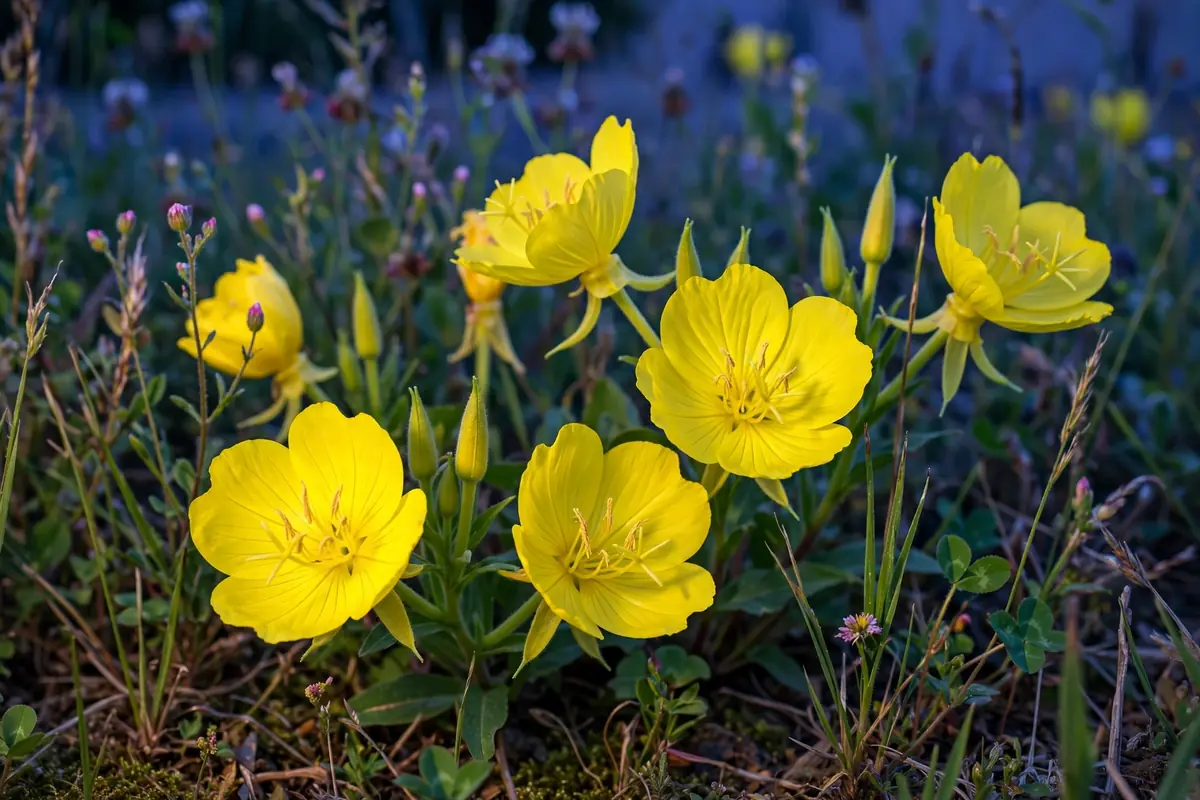 Yellow evening primrose flowers glowing at dusk, fragrant wildflowers that start with E
