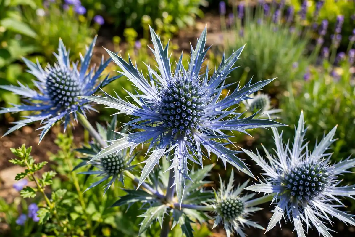 Steel-blue sea holly blooms, striking architectural flowers that start with E
