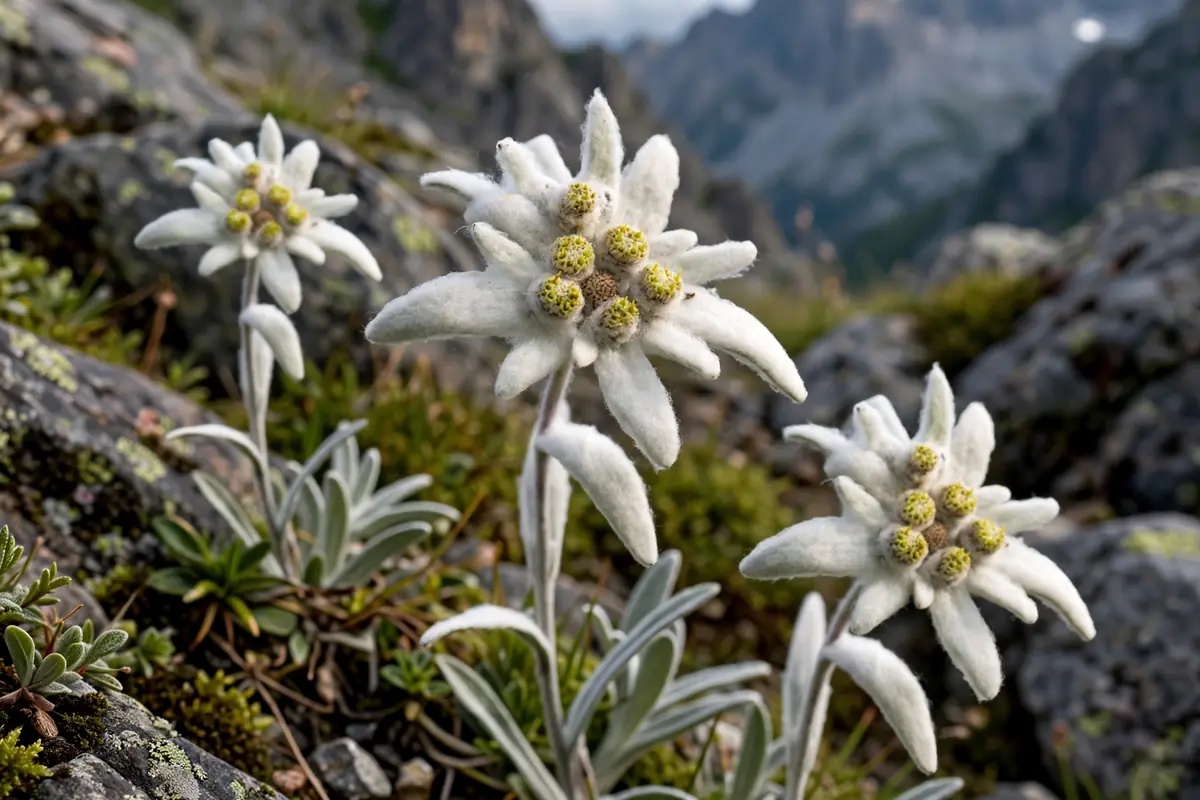 Edelweiss blooms close-up, iconic alpine flowers that start with E