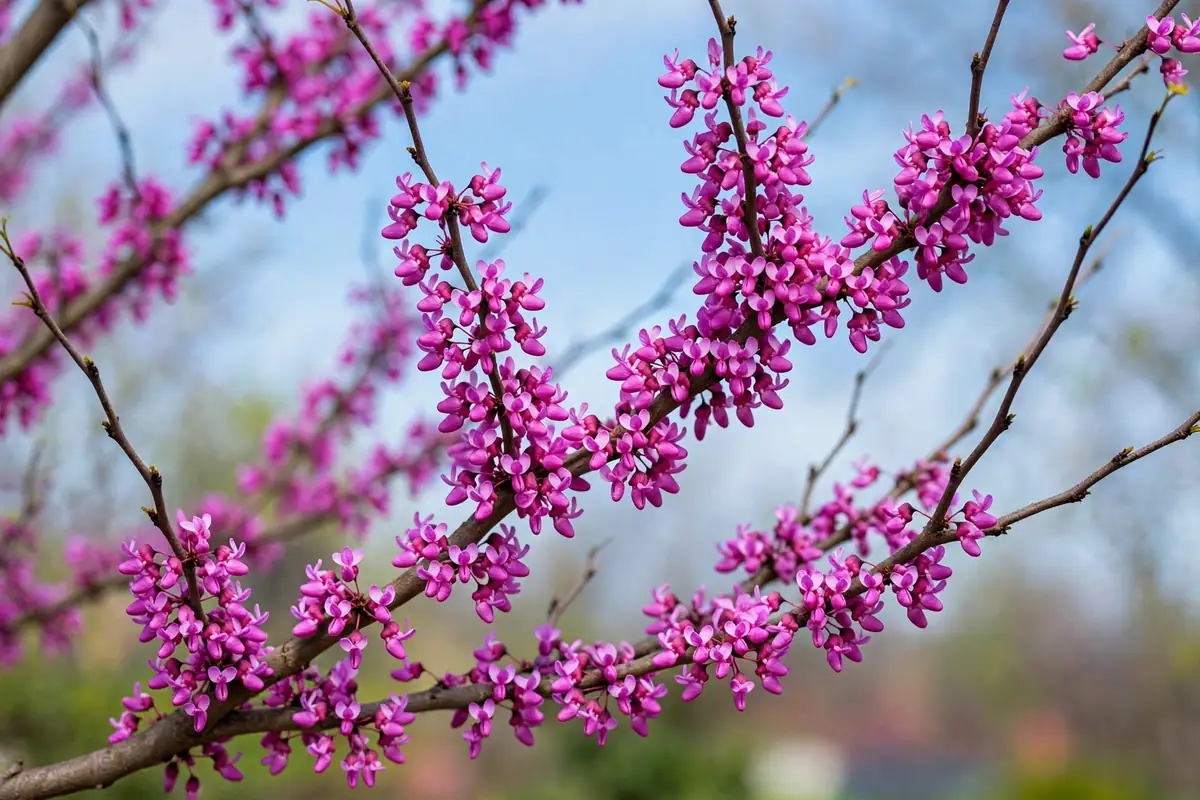 Eastern redbud branches covered in pink blossoms, spring tree flowers that start with E