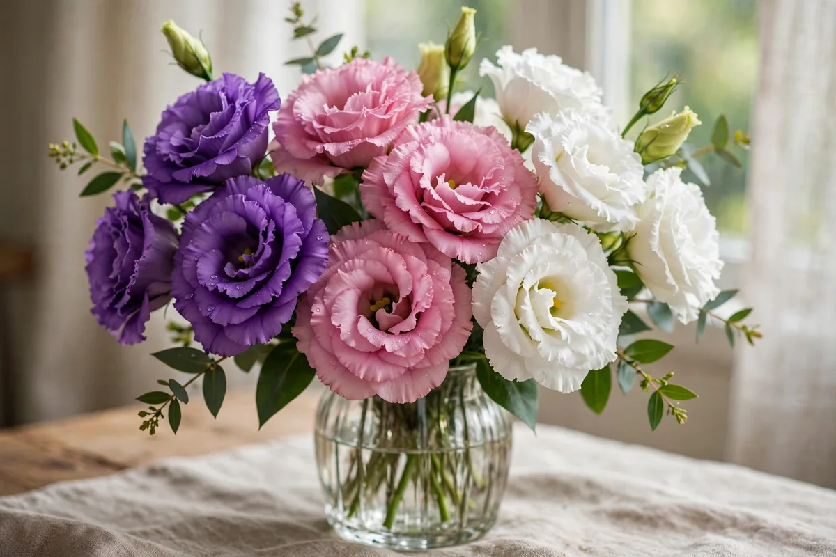 Lisianthus bouquet in purple pink and white, elegant cut flowers that start with E