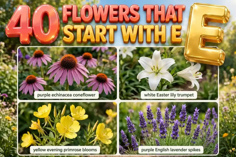 Colorful collage of flowers that start with E: echinacea, Easter lily, evening primrose and English lavender