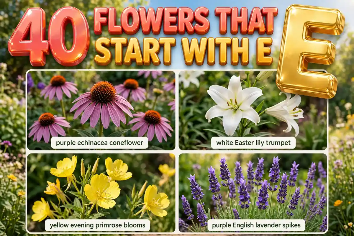 Colorful collage of flowers that start with E: echinacea, Easter lily, evening primrose and English lavender