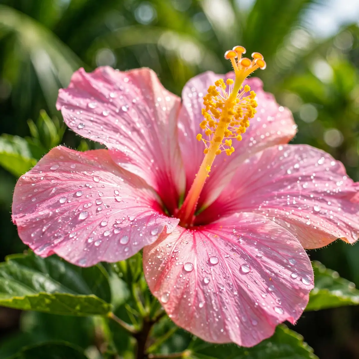 Pink tropical hibiscus bloom close-up, one of the most popular flowers that start with H