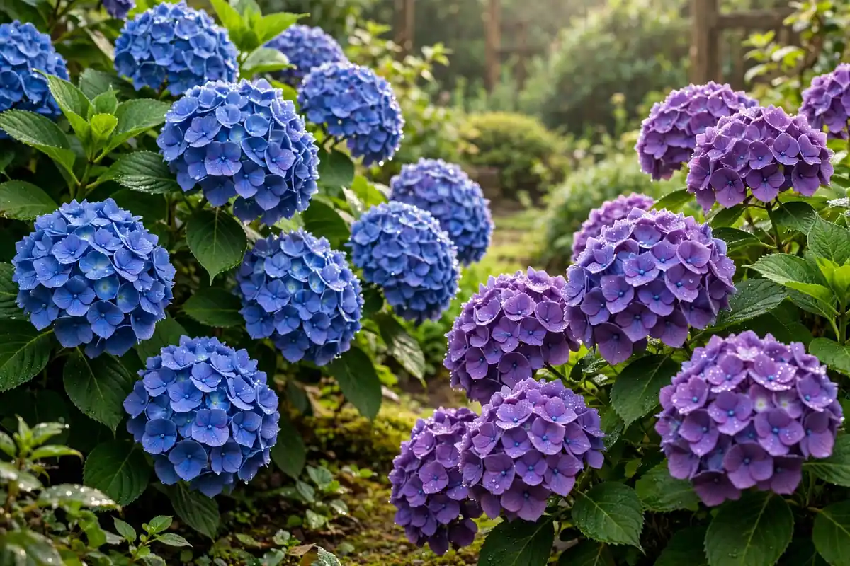 Blue hydrangea flower clusters, classic summer flowers that start with H