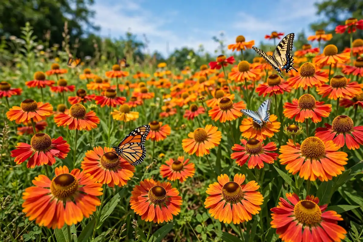 Orange helenium flowers with butterflies, fall-blooming flowers that start with H