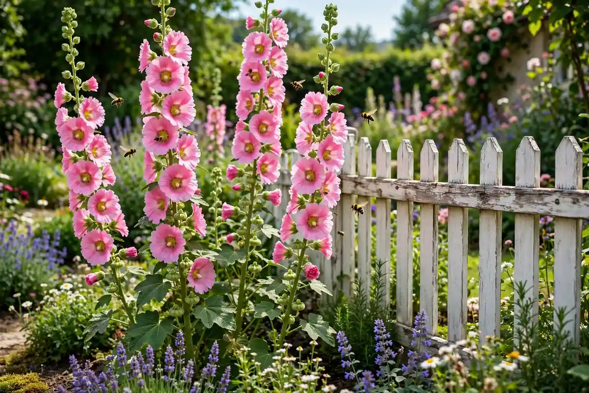 Pink hollyhock spires by a garden fence, tall cottage flowers that start with H