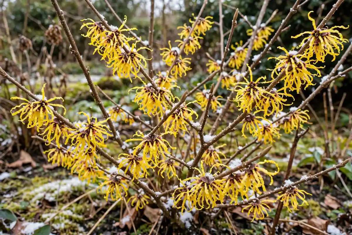 Golden witch hazel flowers on bare winter branches, winter-blooming flowers that start with H