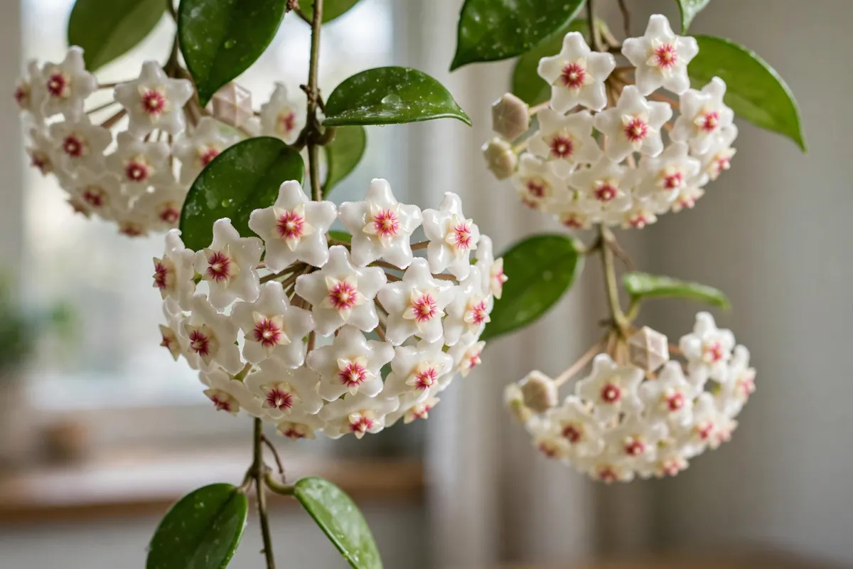 White hoya wax plant flower clusters, fragrant houseplant flowers that start with H