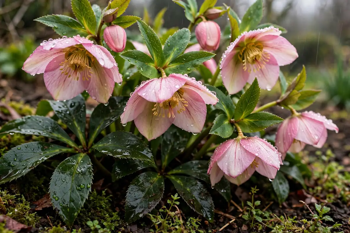 Pink hellebore blooms in early spring, shade-loving flowers that start with H