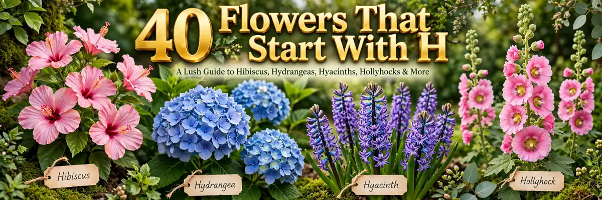 Colorful collage of flowers that start with H: hibiscus, hydrangea, hyacinth, hollyhock and more