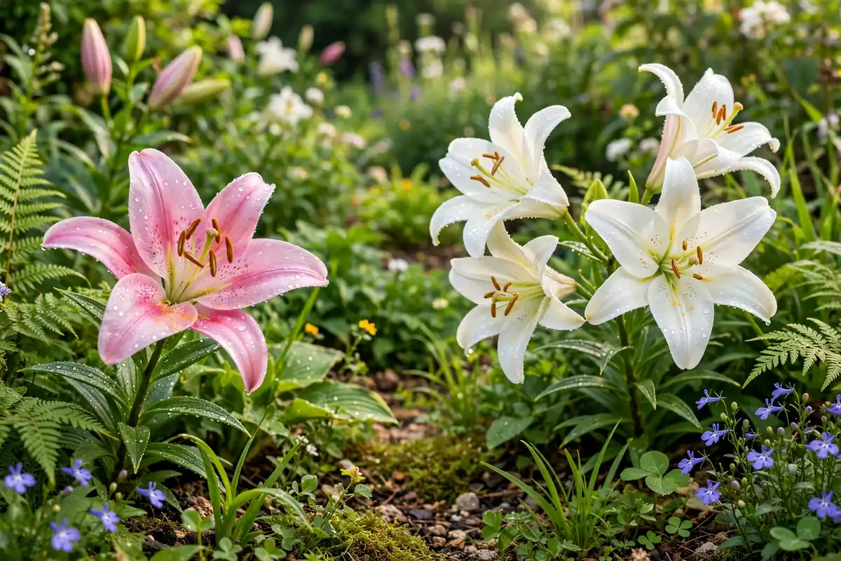White and pink lily blooms in a summer garden, classic flowers that start with L