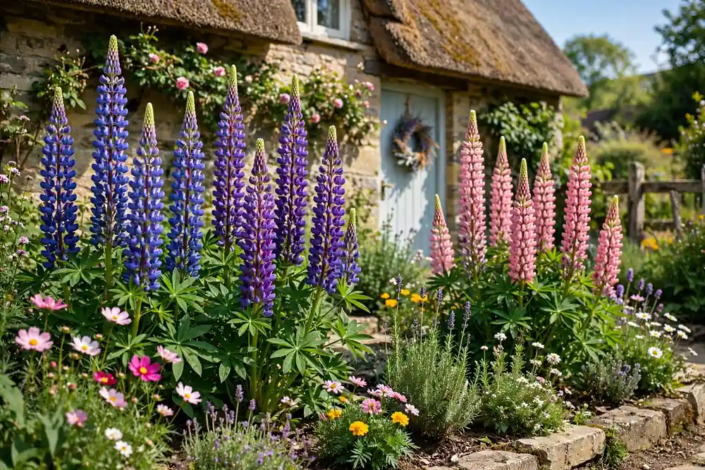 Tall colorful lupine flower spires, striking cottage garden flowers that start with L