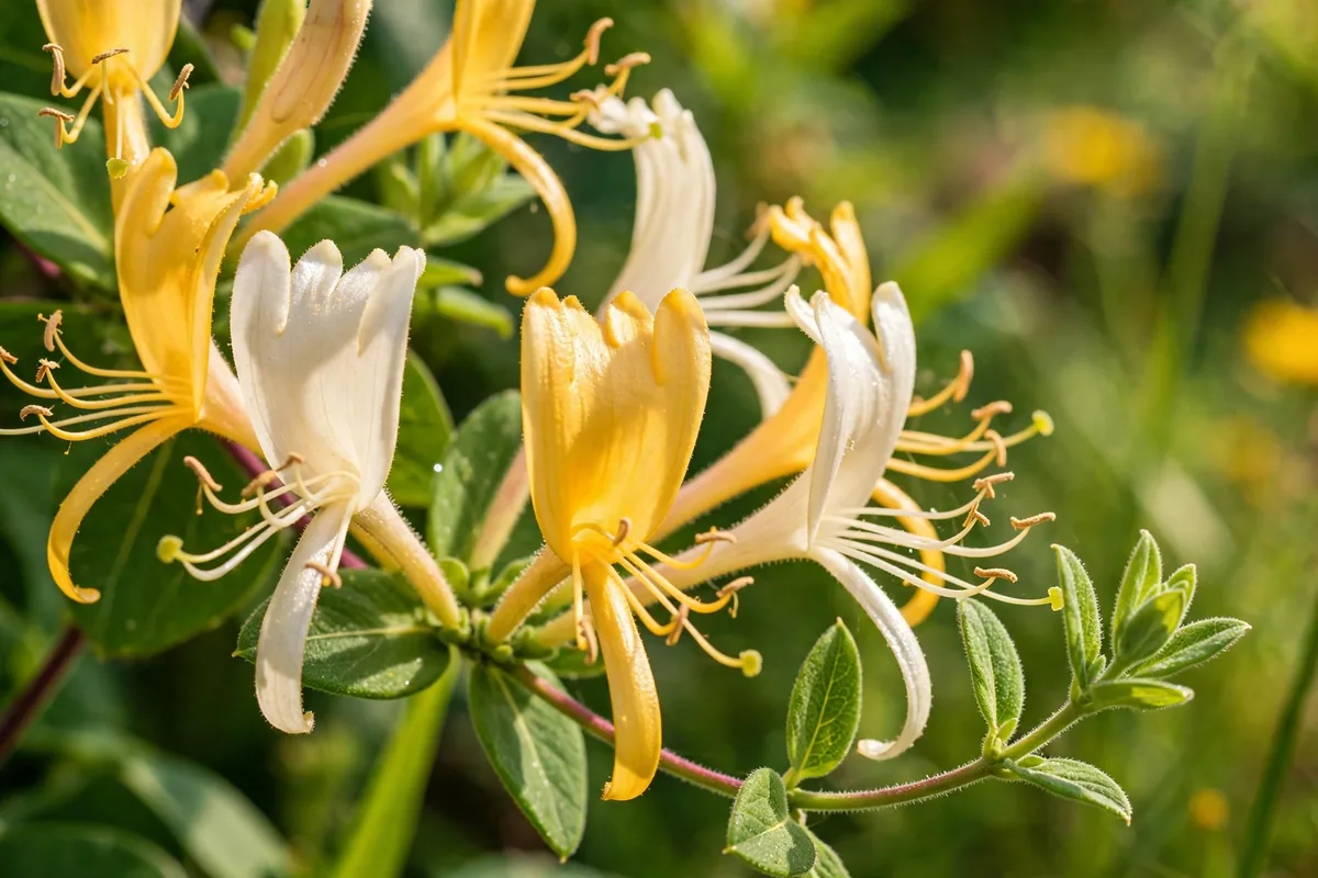 White and yellow honeysuckle blossoms on a vine, fragrant climbing flowers that start with L