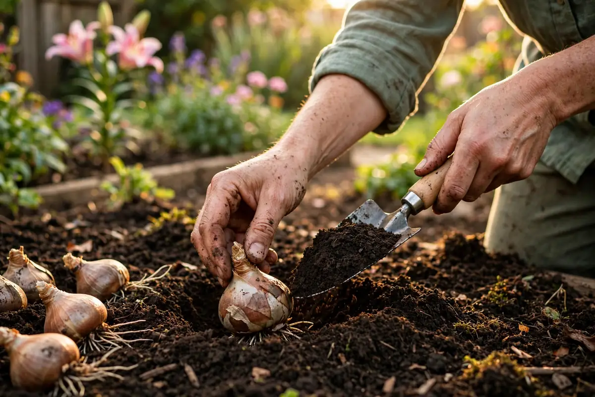 Gardener planting lily bulbs in rich garden soil with a trowel
