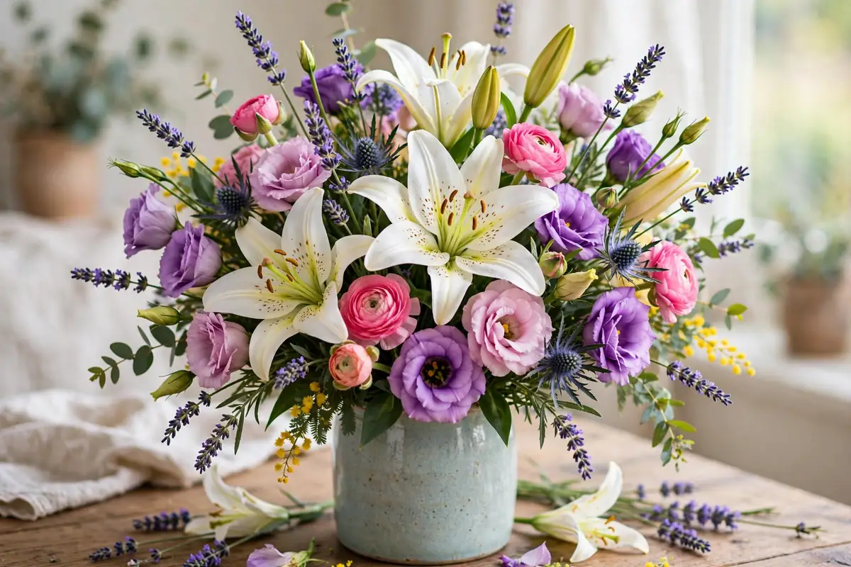 Fresh bouquet of lilies, lavender sprigs and lisianthus in a vase