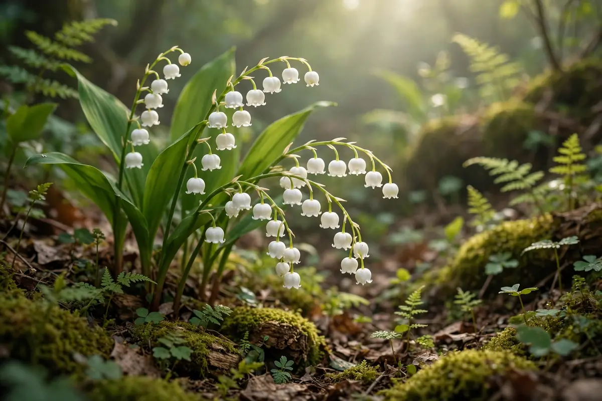 White lily of the valley bells glowing in a shaded spring garden