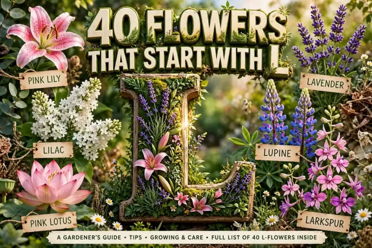 Colorful collage of flowers that start with L: lilies, lavender, lilacs, lupines and lotus