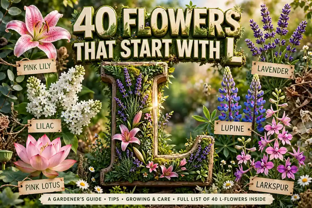 Colorful collage of flowers that start with L: lilies, lavender, lilacs, lupines and lotus