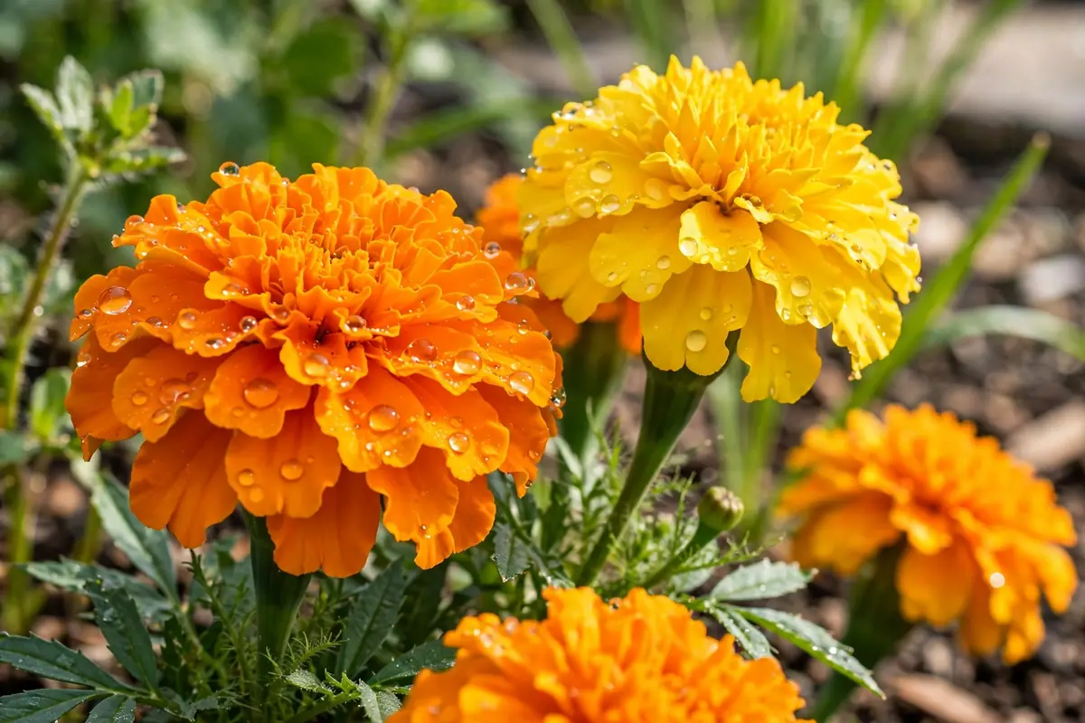 Bright orange African marigold blooms, classic flowers that start with M